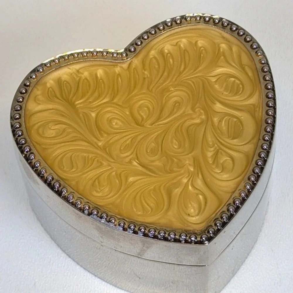 Heart Shaped Enamel Swirl Design Trinket Box Silver Toned with Navy Blue Liner